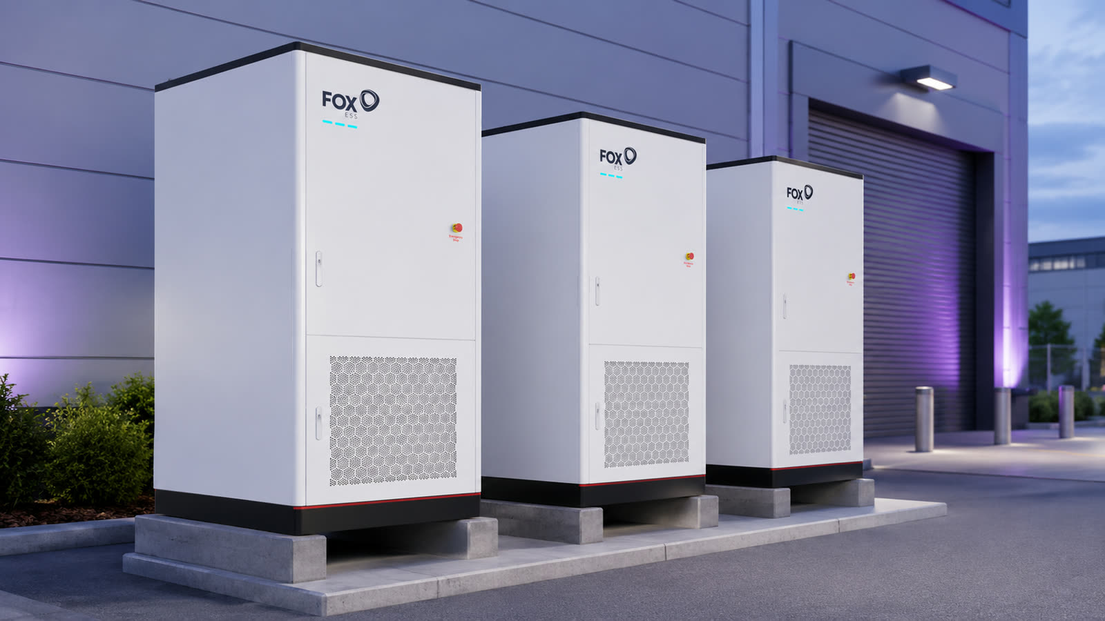 Fox ESS G-Max commercial battery storage units outside a commercial building